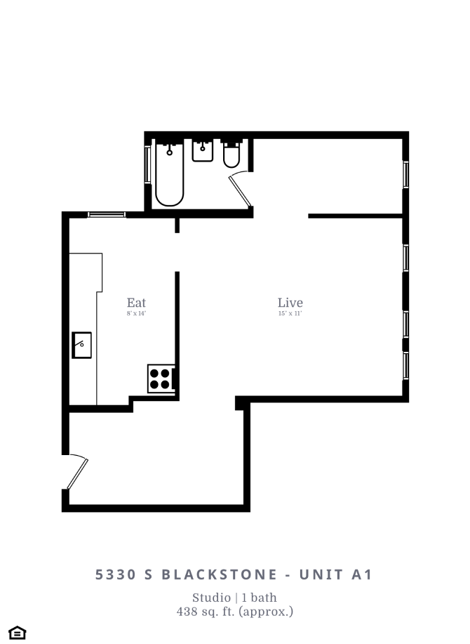 Floor plan for studio, 1 bath, 438 sqft